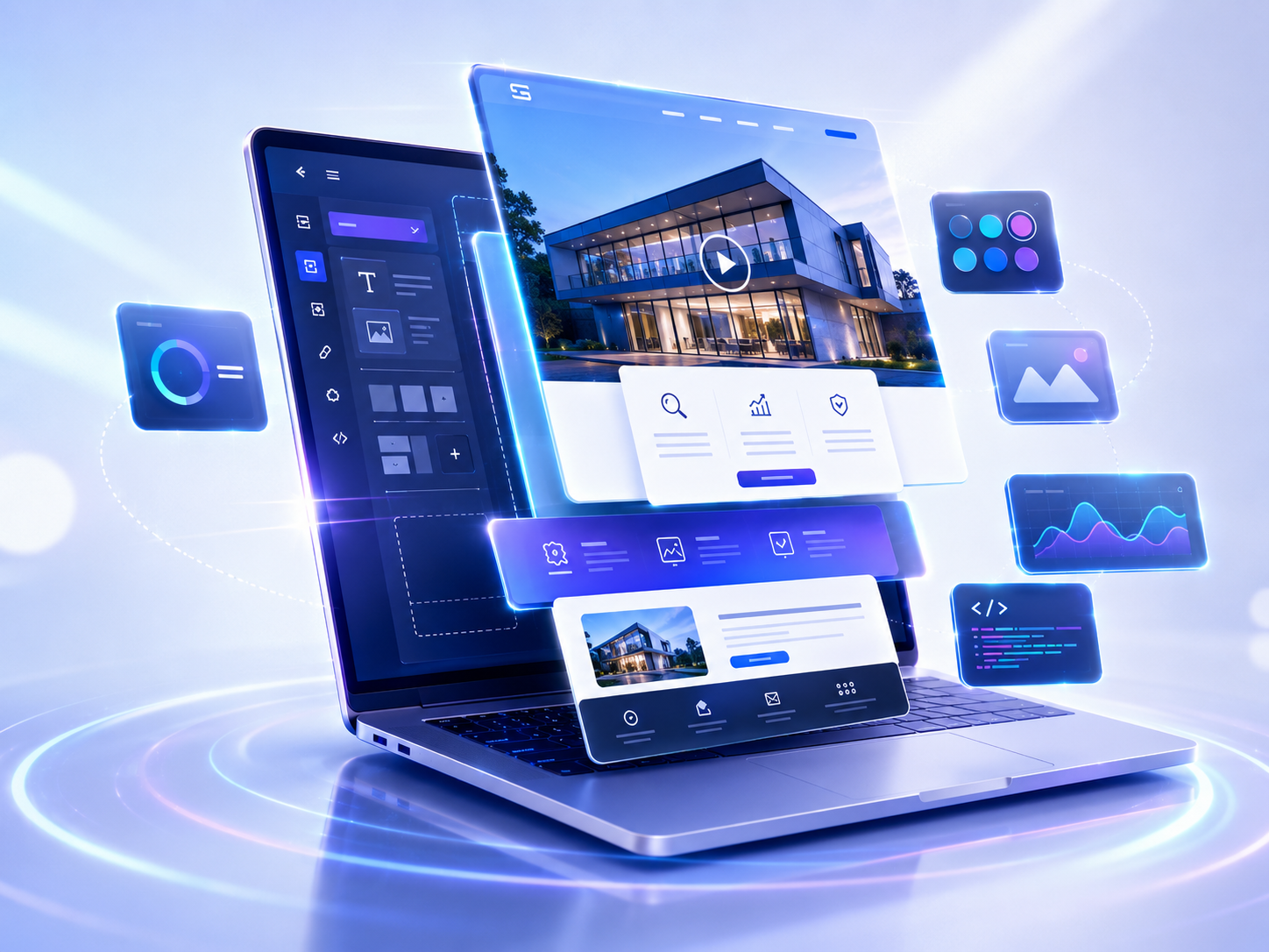 Futuristic laptop showing a website being created