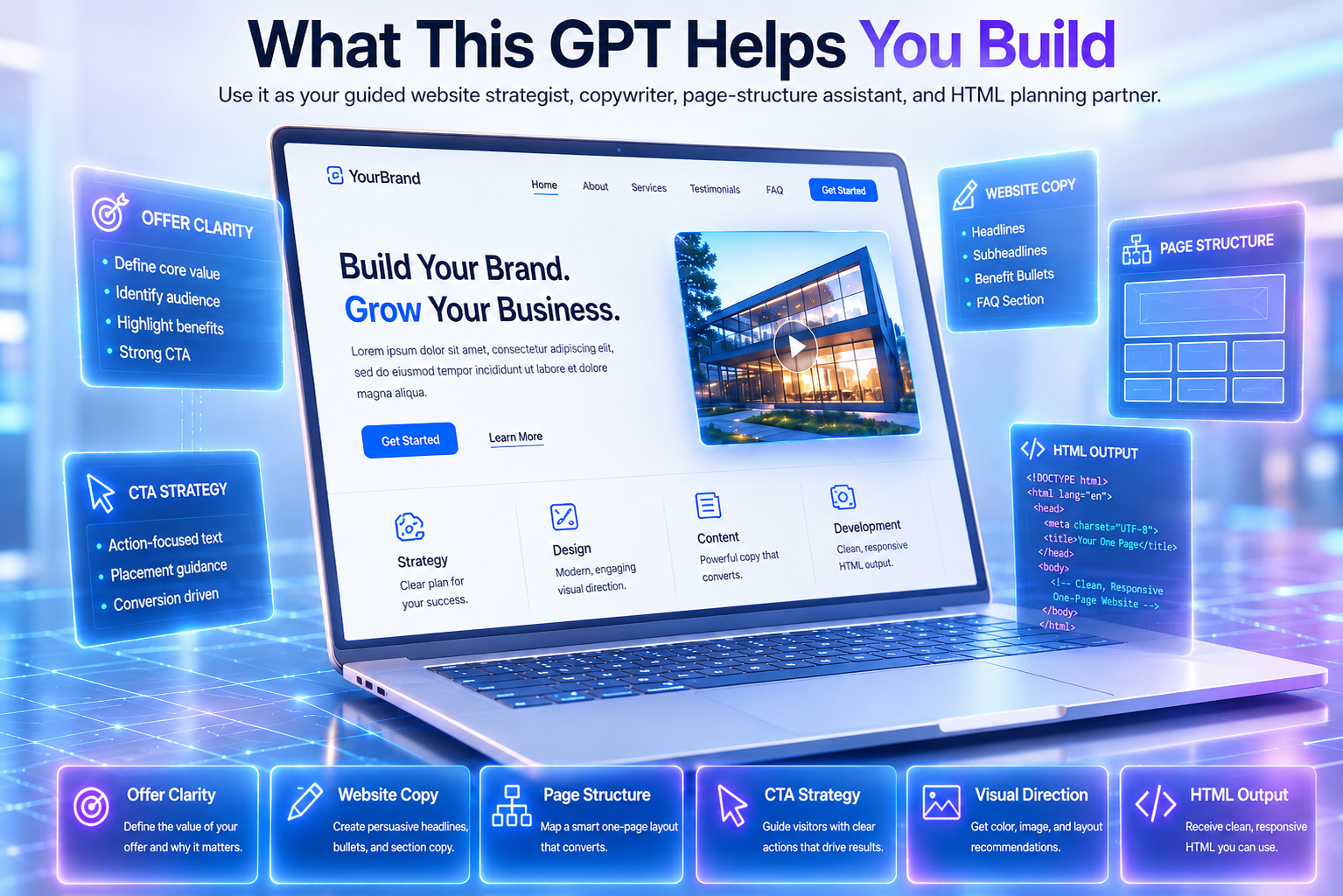 Bright cinematic 3D laptop website builder interface showing offer clarity, website copy, page structure, CTA strategy, visual direction, and HTML output